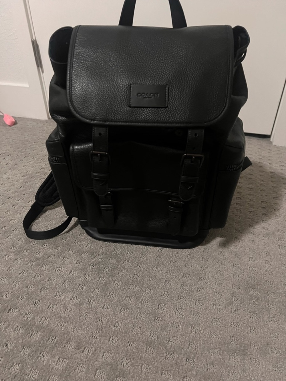 Coach Black Leather Men's Backpack with Front Pocket - Picture 6 of 7
